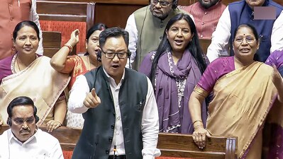 Union Minister Kiren Rijiju speaks in the Rajya Sabha during the Budget session of Parliament, in New Delhi on Monday. (AnI)