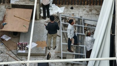 Brihanmumbai Municipal Corporation's (BMC) later launched a demolition drive at The Habitat studio at Unicontinental hotel in Mumbai's Khar area, where comedian Kunal Kamra had shot a video mocking Maharashtra deputy Eknath Shinde. A team from the civic body entered the compound with hammers and is currently carrying out a demolition drive inside. (HT Photo) Brihanmumbai Municipal Corporation's (BMC) later launched a demolition drive at The Habitat studio at Unicontinental hotel in Mumbai's Khar area, where comedian Kunal Kamra had shot a video mocking Maharashtra deputy Eknath Shinde. A team from the civic body entered the compound with hammers and is currently carrying out a demolition drive inside. (HT Photo)