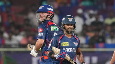 Axar Patel won his first toss as DC captain and chose to bowl first and while the first wicket fell early, Mitchell Marsh and Nicholas Pooran put on a stand so belligerent that LSG ended up crossing 200 despite scoring just 61 runs between the 12th and 19th overs. The pair put up a partnership of 87 runs for the second wicket in just 42 balls. Marsh scored 72 in 36 balls while Pooran made 75 in 30 balls. (PTI) Axar Patel won his first toss as DC captain and chose to bowl first and while the first wicket fell early, Mitchell Marsh and Nicholas Pooran put on a stand so belligerent that LSG ended up crossing 200 despite scoring just 61 runs between the 12th and 19th overs. The pair put up a partnership of 87 runs for the second wicket in just 42 balls. Marsh scored 72 in 36 balls while Pooran made 75 in 30 balls. (PTI)