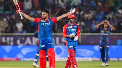 He eventually blasted his way to a half-century in 28 balls and brought it down to a situation where DC needed six runs to win off the last over with one wicket remaining. Mohit Sharma was on strike, he managed to take a single off the second ball of the over and then Ashutosh hit the third from Shahbaz for a six and won the match for DC. Ashutosh remained unbeaten on 66 in 31 balls. (PTI) He eventually blasted his way to a half-century in 28 balls and brought it down to a situation where DC needed six runs to win off the last over with one wicket remaining. Mohit Sharma was on strike, he managed to take a single off the second ball of the over and then Ashutosh hit the third from Shahbaz for a six and won the match for DC. Ashutosh remained unbeaten on 66 in 31 balls. (PTI)
