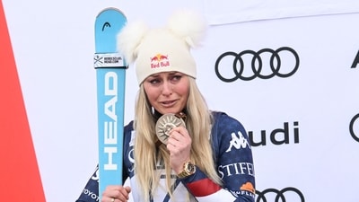 USA's Lindsey Vonn cries on the podium after placing second in the women�s Super-G event at the Audi FIS Ski World Cup Sun Valley Finals in Sun Valley, Idaho, on March 23, 2025. (Photo by Patrick T. Fallon / AFP) (AFP) USA's Lindsey Vonn cries on the podium after placing second in the women�s Super-G event at the Audi FIS Ski World Cup Sun Valley Finals in Sun Valley, Idaho, on March 23, 2025. (Photo by Patrick T. Fallon / AFP) (AFP)