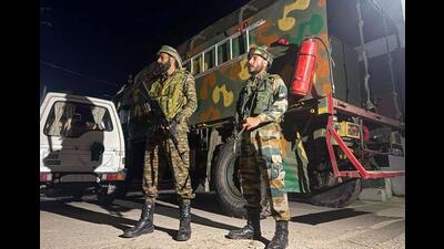 Security personnel keeping strict vigil during a joint search operation launched by Jammu and Kashmir Police and troops of Rising Star Corps on an input regarding the presence of terrorists at Sanyal in Hiranagar sector of Kathua on Sunday. (ANI Photo) Security personnel keeping strict vigil during a joint search operation launched by Jammu and Kashmir Police and troops of Rising Star Corps on an input regarding the presence of terrorists at Sanyal in Hiranagar sector of Kathua on Sunday. (ANI Photo)