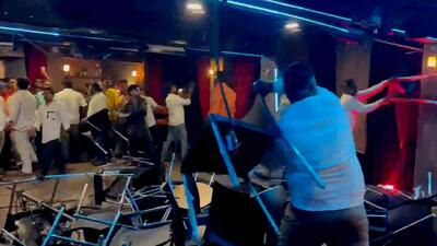 Shiv Sena workers vandalising the venue of comedian Kunal Kamra’s show. (PTI) Shiv Sena workers vandalising the venue of comedian Kunal Kamra’s show. (PTI)