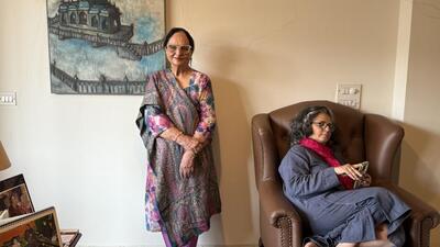 The oil painting hangs in a balcony-facing corner of the artist’s residence in Vasant Vihar. (HT Photo) The oil painting hangs in a balcony-facing corner of the artist’s residence in Vasant Vihar. (HT Photo)