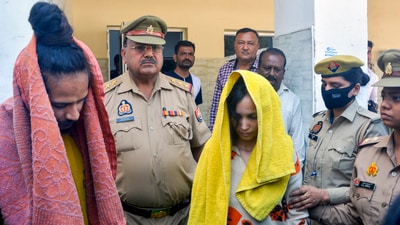 Merchant Navy officer Saurabh Rajput's wife Muskan and her lover Sahil Shukla after they were arrested in connection with his murder, in Meerut, Wednesday, March 19, 2025. (PTI) Merchant Navy officer Saurabh Rajput's wife Muskan and her lover Sahil Shukla after they were arrested in connection with his murder, in Meerut, Wednesday, March 19, 2025. (PTI)