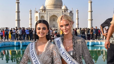 Miss Universe 2024 Victoria KjærTheilvig with Miss Universe India 2024 Rhea Singha pose at the Taj Mahal, in Agra, Sunday, March 23 (PTI photo) Miss Universe 2024 Victoria KjærTheilvig with Miss Universe India 2024 Rhea Singha pose at the Taj Mahal, in Agra, Sunday, March 23 (PTI photo)