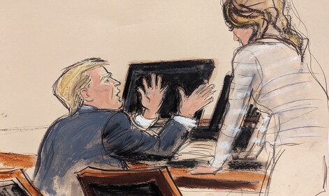 In this courtroom sketch, former President Donald Trump, prior to taking the witness stand, gesticulates and makes loud statements to his attorney Alina Habba, right, during his civil trial Thursday, Jan. 25, 2024, in federal court in New York. (Elizabeth Williams via AP) (AP) In this courtroom sketch, former President Donald Trump, prior to taking the witness stand, gesticulates and makes loud statements to his attorney Alina Habba, right, during his civil trial Thursday, Jan. 25, 2024, in federal court in New York. (Elizabeth Williams via AP) (AP)