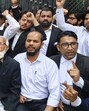 Advocates protest against the arrest of Shahi Jama Masjid president Zafar Ali, at a local court in Sambhal, Monday (PTI)