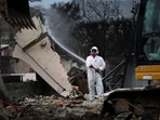 A U.S. Army Corps of Engineer contractor hoses down dust during debris removal following the Palisades Fire in the Pacific Palisades, Los Angeles, California, U.S. March 17, 2025. REUTERS/Daniel Cole