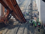 The segmental launching gantry collapsed between two pillars at a bullet train project site near Ahmedabad,