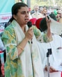 Jasvinder Kaur, wife of Colonel Pushpinder Bath, during protest in Patiala. (ANI File)