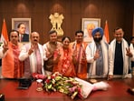 Delhi CM Rekha Gupta along with her cabinet colleagues in New Delhi.(Arvind Yadav/ HT Photo)