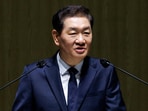 Han Jong-hee, co-chief executive officer of Samsung Electronics Co., speaks at the company's annual general meeting at the Suwon Convention Center in Suwon, South Korea, March 19, 2025. 