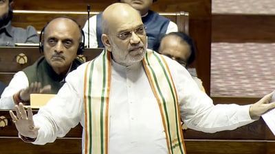 Union home minister Amit Shah in the Rajya Sabha during the Budget session of Parliament, in New Delhi, Friday, March 21, 2025. (Sansad TV) Union home minister Amit Shah in the Rajya Sabha during the Budget session of Parliament, in New Delhi, Friday, March 21, 2025. (Sansad TV)