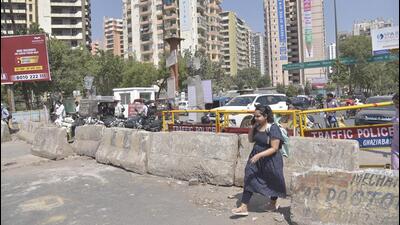 Barricades at the Shahberi road culvert on Tuesday. (Sakib Ali/HT Photo) Barricades at the Shahberi road culvert on Tuesday. (Sakib Ali/HT Photo)