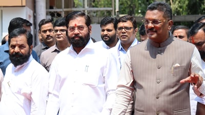 Deputy chief minister Eknath Shinde (centre) during budget assembly session at Vidhan Bhavan, in Mumbai on March 24, 2025. (Hindustan Times)
