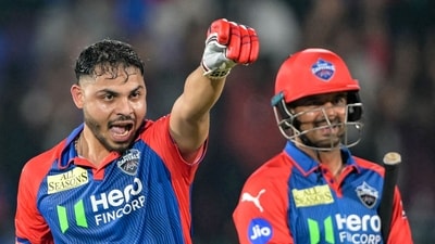 Delhi Capitals' Ashutosh Sharma (L) and Mohit Sharma celebrate their team's win against Lucknow Super Giants (AFP) Delhi Capitals' Ashutosh Sharma (L) and Mohit Sharma celebrate their team's win against Lucknow Super Giants (AFP)