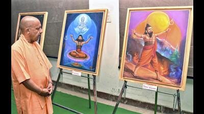 Chief minister Yogi Adityanath at the two-day national seminar on ‘Contribution of Yogiraj Baba Gambhirnath in the Indian Yoga Tradition’ organized at Deen Dayal Upadhyay Gorakhpur University, in Gorakhpur. ((@CMOfficeUP via PTI Photo)) Chief minister Yogi Adityanath at the two-day national seminar on ‘Contribution of Yogiraj Baba Gambhirnath in the Indian Yoga Tradition’ organized at Deen Dayal Upadhyay Gorakhpur University, in Gorakhpur. ((@CMOfficeUP via PTI Photo))