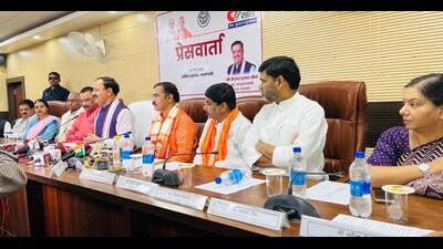 Deputy chief minister Keshav Prasad Maurya addressing a press conference in Varanasi. (HT )