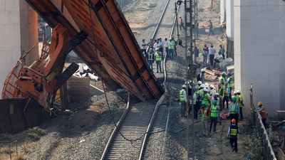 The segmental launching gantry collapsed between two pillars at a bullet train project site near Ahmedabad, (Reuters)