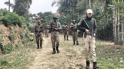 In this image shared by Manipur police on March 21, security personnel conduct a search operation and area domination in a vulnerable area in the district. (@manipur_police) In this image shared by Manipur police on March 21, security personnel conduct a search operation and area domination in a vulnerable area in the district. (@manipur_police)