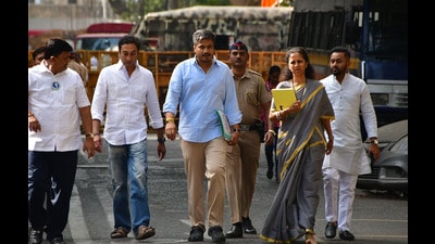 Mumbai, India – Jan 24, 2024: NCP MLA Rohit Pawar arrives at party office prior to his appearance before the Directorate of Enforcement (ED) for questioning in connection with its money laundering probe into the alleged Maharashtra State Cooperative Bank scam, in Mumbai, India, on Wednesday, Jan 24, 2024. (Photo by Bhushan Koyande/HT Photo) Mumbai, India – Jan 24, 2024: NCP MLA Rohit Pawar arrives at party office prior to his appearance before the Directorate of Enforcement (ED) for questioning in connection with its money laundering probe into the alleged Maharashtra State Cooperative Bank scam, in Mumbai, India, on Wednesday, Jan 24, 2024. (Photo by Bhushan Koyande/HT Photo)