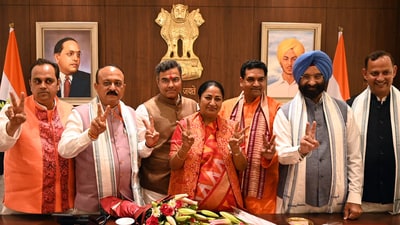 Delhi CM Rekha Gupta along with her cabinet colleagues in New Delhi. (Arvind Yadav/ HT Photo) Delhi CM Rekha Gupta along with her cabinet colleagues in New Delhi. (Arvind Yadav/ HT Photo)