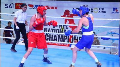 Simranjit Kaur (in red) in action at the ongoing Boxing Nationals. (BFI) Simranjit Kaur (in red) in action at the ongoing Boxing Nationals. (BFI)