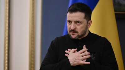 Ukrainian President Volodymyr Zelensky gestures as he speaks to journalists during his press conference in Kyiv. (AFP) Ukrainian President Volodymyr Zelensky gestures as he speaks to journalists during his press conference in Kyiv. (AFP)