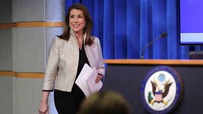 U.S. State Department spokesperson Tammy Bruce arrives for a press briefing at the State Department in Washington, D.C. (REUTERS FILE)