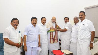 Union home minister Amit Shah with AIADMK General Secretary Edappadi K. Palaniswami and party leaders during a meeting, in New Delhi on Tuesday. (PTI) Union home minister Amit Shah with AIADMK General Secretary Edappadi K. Palaniswami and party leaders during a meeting, in New Delhi on Tuesday. (PTI)