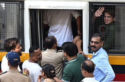Shiv Sena leader Rahool Kanal (waving) being arrested by the Mumbai Police on Monday. (Raju Shinde/HT photo) Shiv Sena leader Rahool Kanal (waving) being arrested by the Mumbai Police on Monday. (Raju Shinde/HT photo)