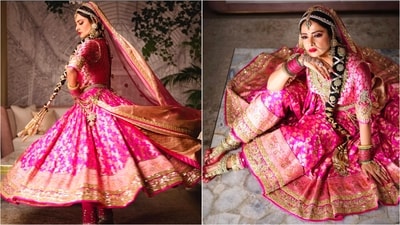 In a stunning photoshoot, Rekha showcases a vibrant fuchsia Anarkali outfit with exquisite gold embroidery. (Instagram/@dabbooratnani) In a stunning photoshoot, Rekha showcases a vibrant fuchsia Anarkali outfit with exquisite gold embroidery. (Instagram/@dabbooratnani)