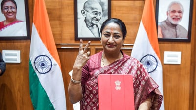 Chief minister Rekha Gupta poses with the Delhi Budget document at her office on Tuesday. (ANI Photo) Chief minister Rekha Gupta poses with the Delhi Budget document at her office on Tuesday. (ANI Photo)