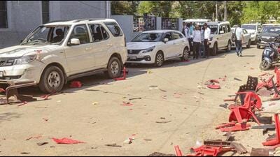 Broken chairs and damaged cars outside Samajwadi Party MP Ramji Lal Suman’s residence after it was attacked allegedly by Karni Sena workers, in Agra, Wednesday. (PTI Photo) Broken chairs and damaged cars outside Samajwadi Party MP Ramji Lal Suman’s residence after it was attacked allegedly by Karni Sena workers, in Agra, Wednesday. (PTI Photo)