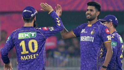 Harshit Rana (2/36) was instrumental at the death, breaking Dhruv Jurel’s promising innings of 33 (28) and removing the dangerous Shimron Hetmyer for just 7, both in the crucial penultimate over.  (AFP)