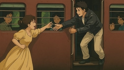 Raj and Simran from Dilwale Dulhaniya Le Jayenge reunite in the memorable train scene. (OpenAI) Raj and Simran from Dilwale Dulhaniya Le Jayenge reunite in the memorable train scene. (OpenAI)