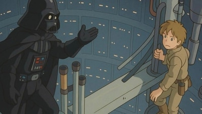 Darth Vader tells Luke Skywalker about his real dad in this recreated scene from Star Wars: The Empire Strikes Back. (OpenAI) Darth Vader tells Luke Skywalker about his real dad in this recreated scene from Star Wars: The Empire Strikes Back. (OpenAI)