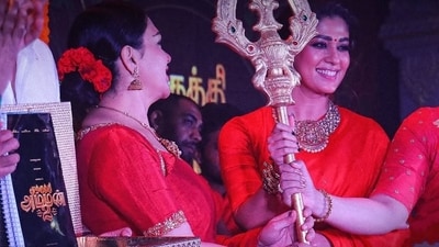 Khushbu Sundar and Nayanthara at the launch of Mookuthi Amman 2. Khushbu Sundar and Nayanthara at the launch of Mookuthi Amman 2.