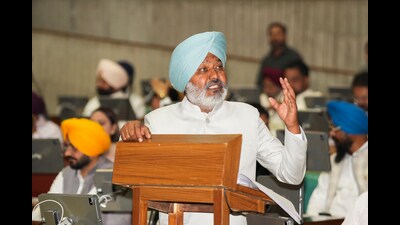 Punjab finance minister Harpal Singh Cheema on Wednesday presenting the state Budget in the assembly in Wednesday. (PTI)