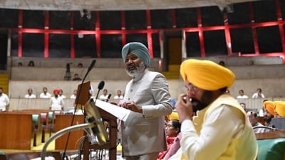 Punjab finance minister Harpal Singh Cheema presented the budget as chief minister Bhagwant Mann looked on in the Vidhan Sabha in Chandigarh. (Ravi Kumar/HT Photo) Punjab finance minister Harpal Singh Cheema presented the budget as chief minister Bhagwant Mann looked on in the Vidhan Sabha in Chandigarh. (Ravi Kumar/HT Photo)