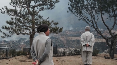Monks look at debris after most of the buildings were burned to the ground in a wildfire at Gounsa Temple in Uiseong on March 26, 2025.Summary: Wind-driven fires have charred the southern parts of South Korea, causing one of the most destructive wildfire outbreaks in the country's history. (AFP) Monks look at debris after most of the buildings were burned to the ground in a wildfire at Gounsa Temple in Uiseong on March 26, 2025.Summary: Wind-driven fires have charred the southern parts of South Korea, causing one of the most destructive wildfire outbreaks in the country's history. (AFP)