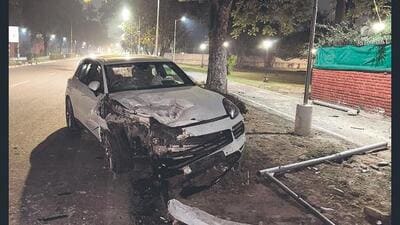 The accident took place on the road dividing Sectors 4 and 9 on the night of March 10. The car first struck a scooter, causing the driver to lose control. It then collided with another scooter. The car finally crashed into a pole, coming to a halt. (HT Photo) The accident took place on the road dividing Sectors 4 and 9 on the night of March 10. The car first struck a scooter, causing the driver to lose control. It then collided with another scooter. The car finally crashed into a pole, coming to a halt. (HT Photo)