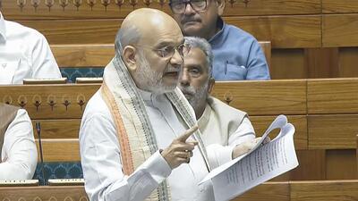 Union home minister Amit Shah speaks in the Lok Sabha on Wednesday. (Sansad TV) Union home minister Amit Shah speaks in the Lok Sabha on Wednesday. (Sansad TV)