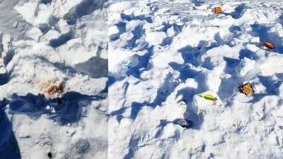 A viral post showed litter, including gutka stains and plastic waste, in snow at 9,000 feet, sparking outrage. (Reddit/obliveris) A viral post showed litter, including gutka stains and plastic waste, in snow at 9,000 feet, sparking outrage. (Reddit/obliveris)