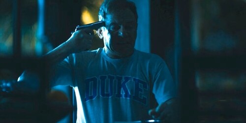 This scene of Jason Isaac's character putting a gun to his temple wearing a Duke's shirt has caused controversy. This scene of Jason Isaac's character putting a gun to his temple wearing a Duke's shirt has caused controversy.