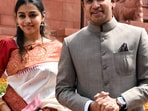 Bharatiya Janata Party (BJP) MP Tejasvi Surya with his wife Sivasri Skandaprasad outside Parliament House.