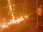 A firefighter works in the area as the Deep Woods Fire burns in Polk County, North Carolina.