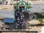 An aerial view of the devotees arriving to offer prayers (namaz) at the Shahi Jama Masjid in Sambhal. ANI 