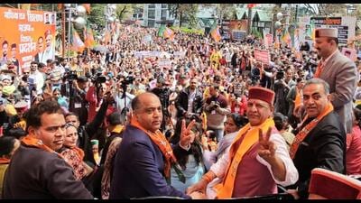 (From left) Shrikant Sharma, the BJP state in-charge, leader of opposition and former chief minister Jairam Thakur, Himachal Pradesh BJP chief Rajeev Bindal and party state co-incharge Sanjay Tandon at the protest against state government at Chaura Maidan in Shimla on Thursday. (Deepak Sansta/HT)